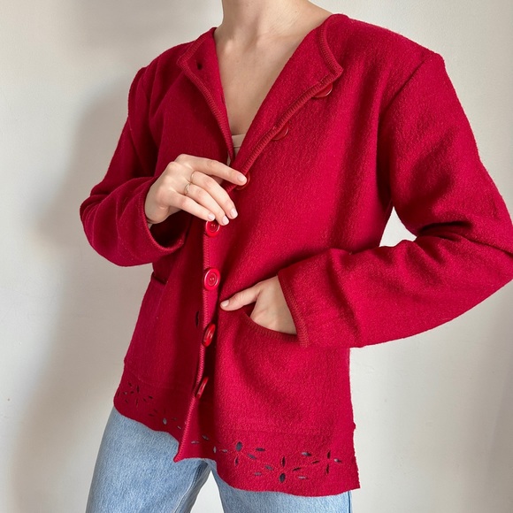 VINTAGE RINO ROSSI RED ROSE BOILED WOOL CUT OUT HEM CARDIGAN SWEATER JACKET M - Picture 1 of 8